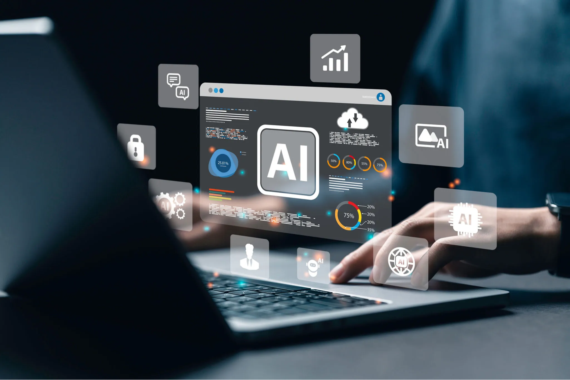 Generative AI concept: hands on a laptop with floating AI icons and charts above the screen